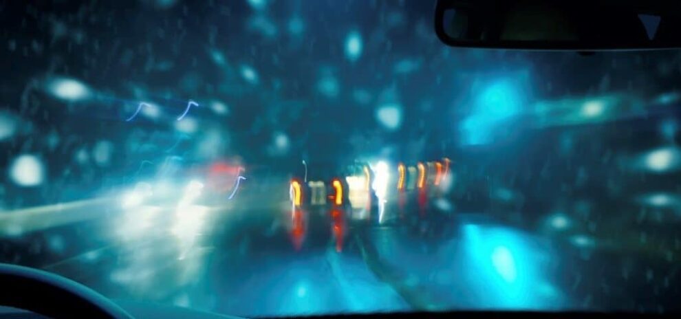 darker commute highlights potential eye disease. Simulation of bad night driving vision